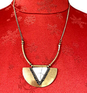 Modern Art To Wear Gold Bib Statement Necklace Faux Stone Pendant Semi Circle